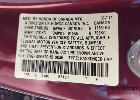 2014 Honda Civic Lx z USA, uszkodzony, nr VIN 2HGFB2F57EH519036